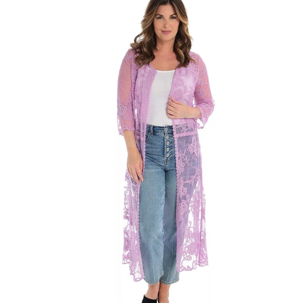Women’s Indigo Thread Co. Lilac Crochet Open Front‎ Duster Cardigan
